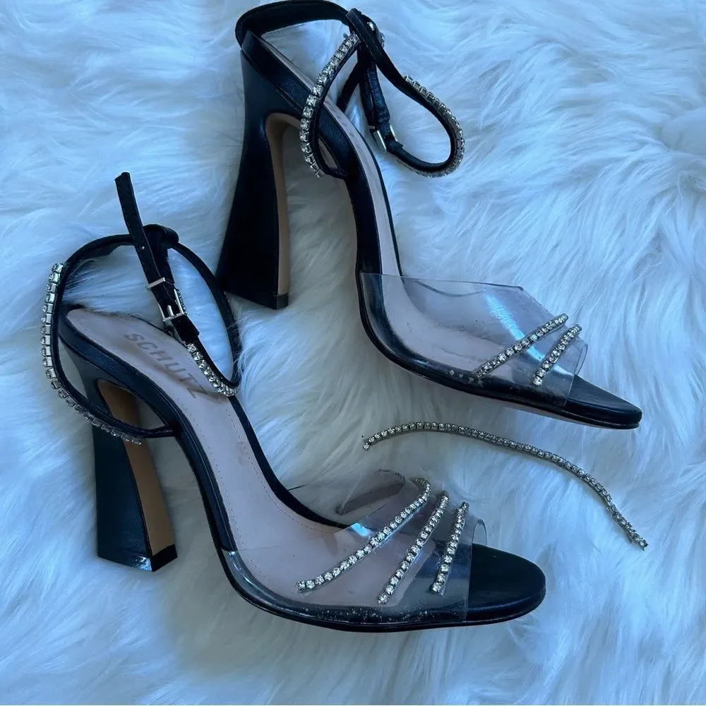 Schutz Sandal Heels Rowenah Black Crystal Embellishment Size 7.5 Rhinestone
